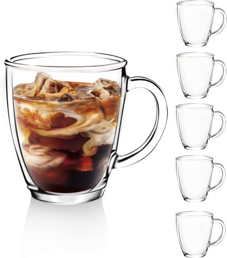 [6 PACK,12 OZ] - Premium Glass Coffee Mugs with Handle. Transparent Tea Glasses for Hot/Cold Beverages, Perfect Design for Americano, Cappuccino, Tea and Beverage.
