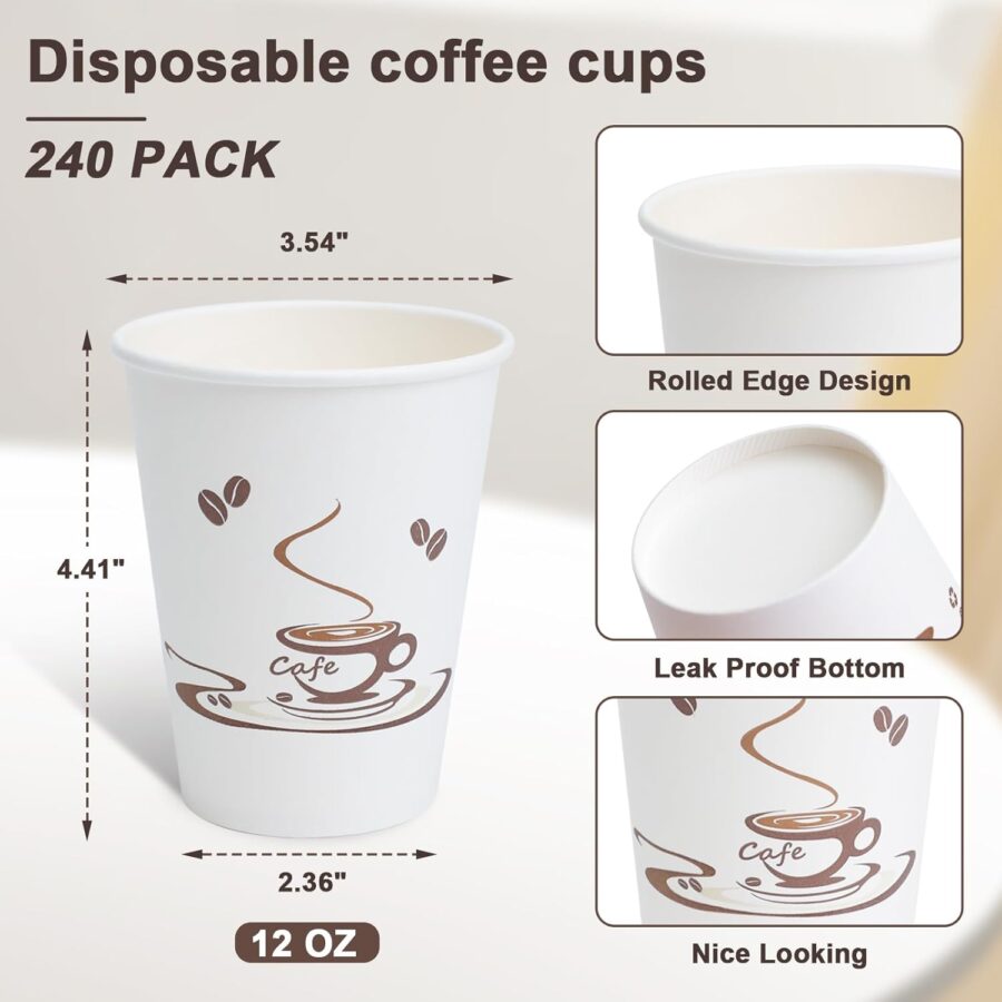 240 Pack 12 OZ Coffee Cups, Disposable Paper Cups for Hot/Cold Beverage, Leak-Free Paper Coffee Cups no Lids for Cafe, Restaurant, Office and Home - Image 2