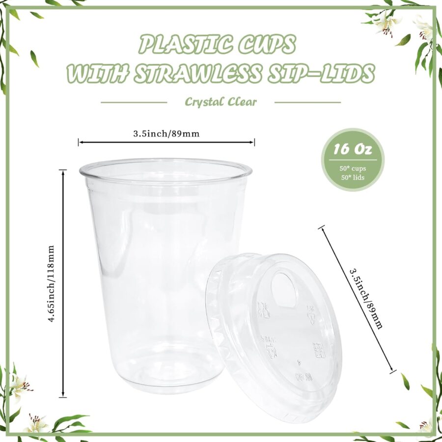 50 Sets Clear Plastic Coffee Cups with Sip Lids, Disposable  Cups for Iced Coffee, Smoothie, Cold Beverage, Plastic Crystal for Shops and Party Catering (Clear, 16 oz) - Image 2