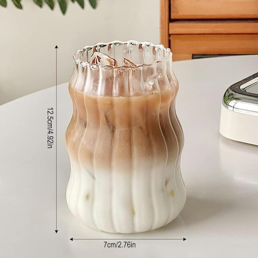 2 Pcs Ribbed Glass Cups, 18 Oz Vintage Drinking Glassware with Wave Shape Design, Bubble Cups for Iced Coffee, Juice, Beverage, Milk, Cocktails, Bubble Tea, and More - Image 2