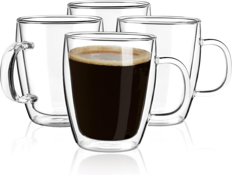 Double Wall Coffee Mugs, (4-Pcak) 16 Ounces-Clear Glass with Handle,lnsulated,Cappuccino,Tea,LatteCups,Beverage Glasses Heat Resistant