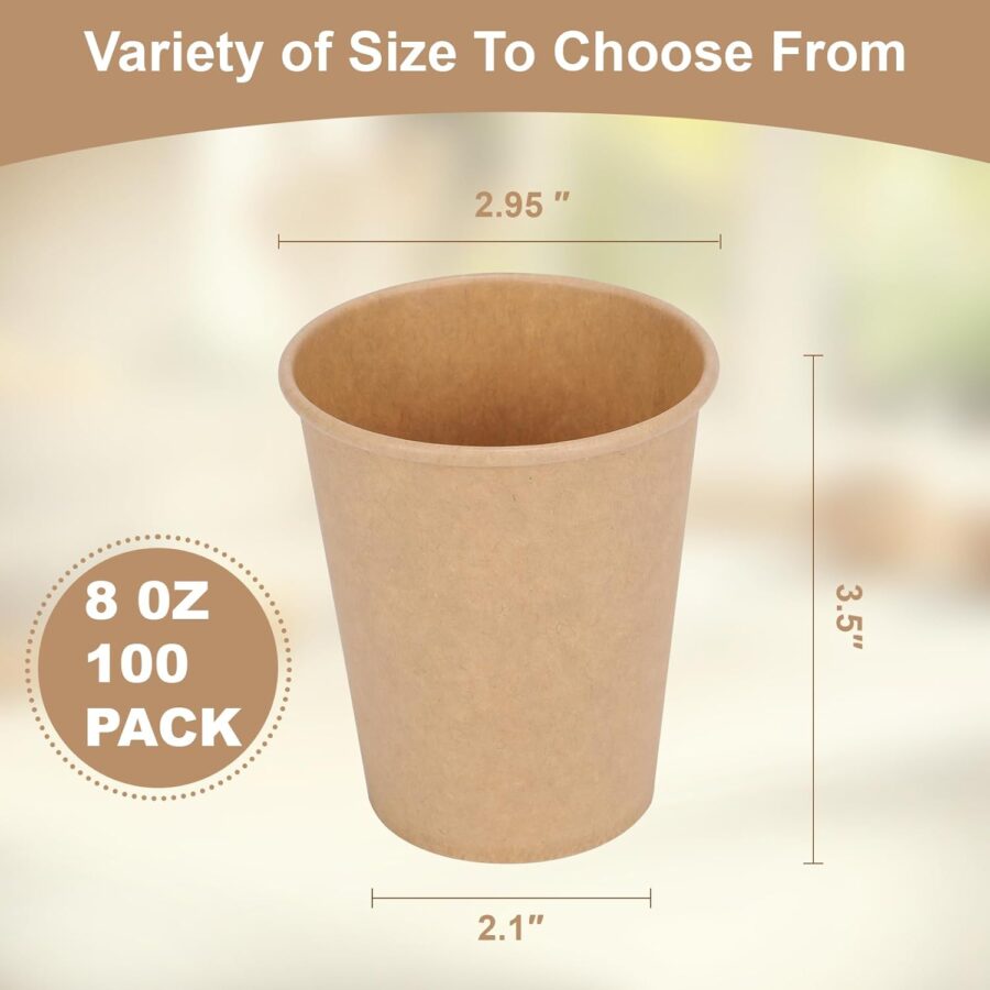 Disposable Cups, 100 Pack 8 Oz Kraft Paper Cups, Paper Coffee Cups, Disposable Cups 8 oz for Hot or Cold Beverage - Image 2