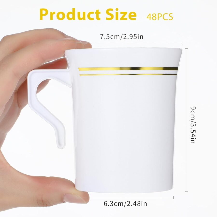 48 Pcs Plastic Coffee Cups, 8 oz Coffee Mugs with Handle, Disposable Plastic Tea Cups Espresso Beverage Plastic Coffee Cups with Handle for Wedding Cafe Party (White&Gold) - Image 2
