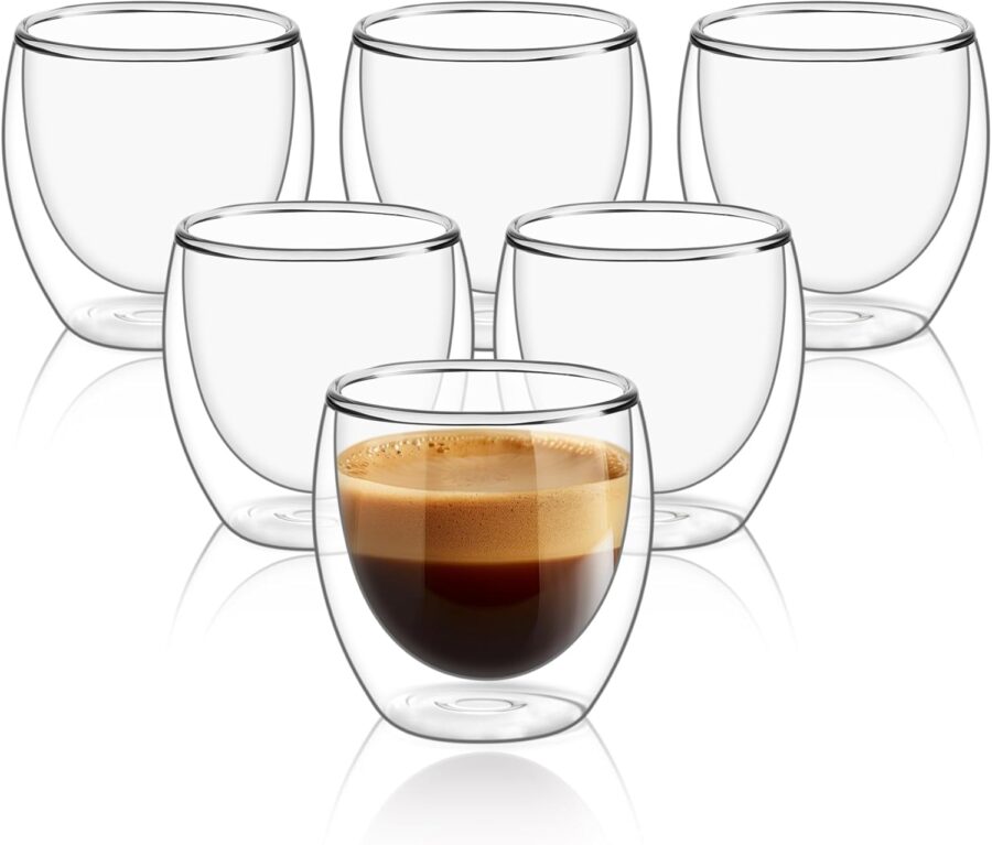 8oz Glass Coffee Mugs Set of 6, Double Walled Insulated Thermal Mugs for Latte Cappuccino Cocoa Milk Cafe Juice Tea, Clear Espresso Cups Set Glassware Gift for Christmas Birthday
