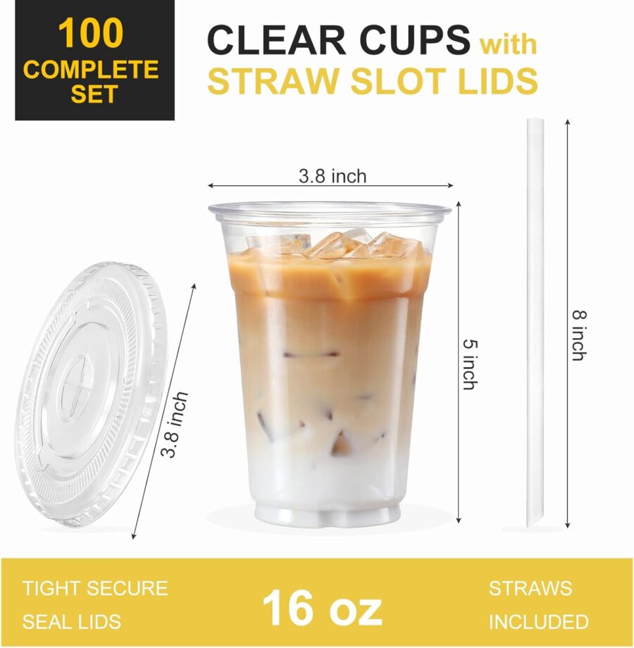 [100 Sets - 16oz] Clear Plastic Cups with Lids and Straws, Disposable Iced Coffee Cups for Smoothie, Milkshake, Cold Drinks -  free - Image 2