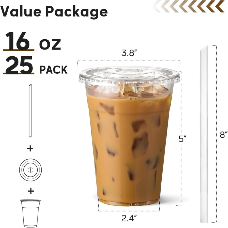 25 Pack - 16 oz Plastic Cups with Lids and Straws, Clear Iced Coffee Cups with Lids, Disposable Cups with Lids for Cold Drinks, Iced Tea, Milkshakes, Smoothies - Durable &  Free - Image 2