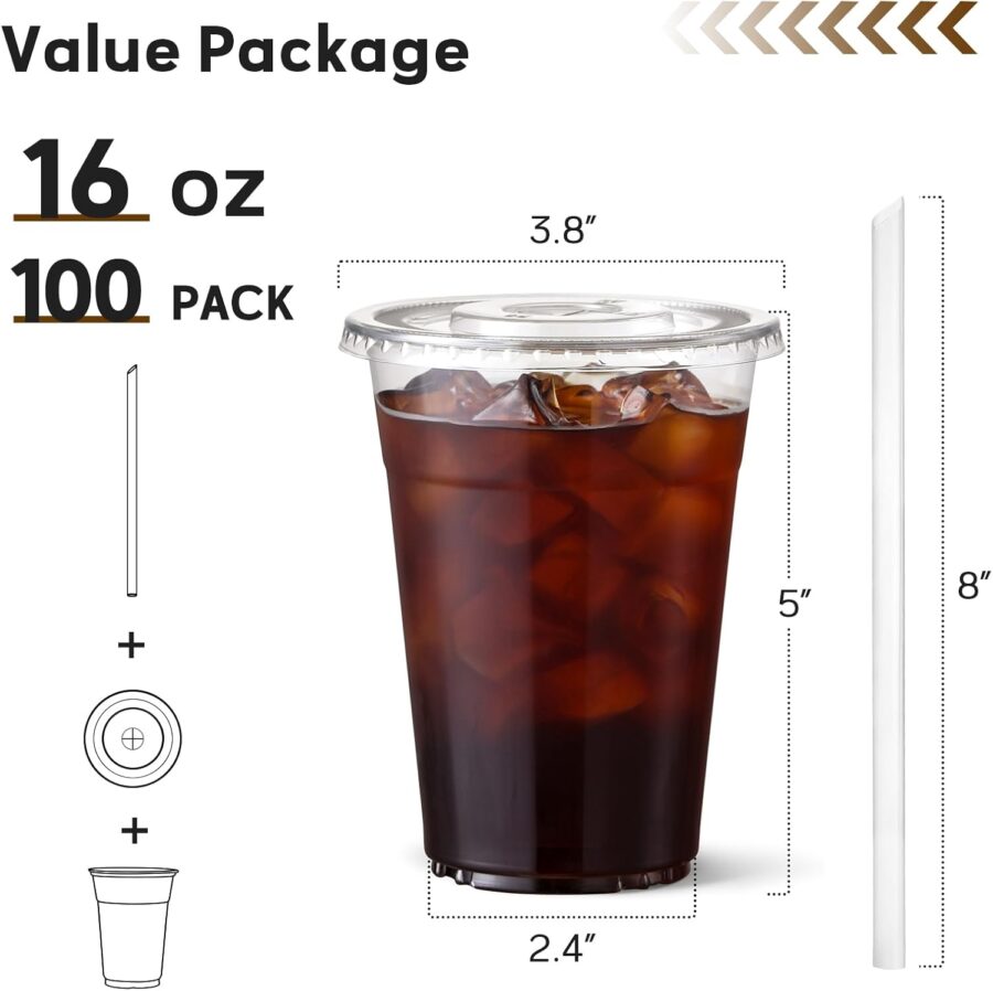 100 Pack 16 oz Clear Plastic Cups with Lids and Straws, Food Safe Disposable Iced Coffee Cups for Cold Beverages, Smoothies, Iced Coffee, Leak-Proof, -Free - Image 2