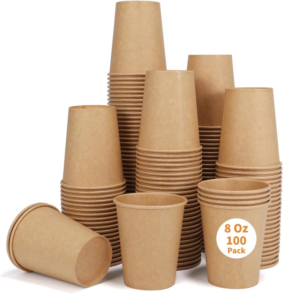 Disposable Cups, 100 Pack 8 Oz Kraft Paper Cups, Paper Coffee Cups, Disposable Cups 8 oz for Hot or Cold Beverage
