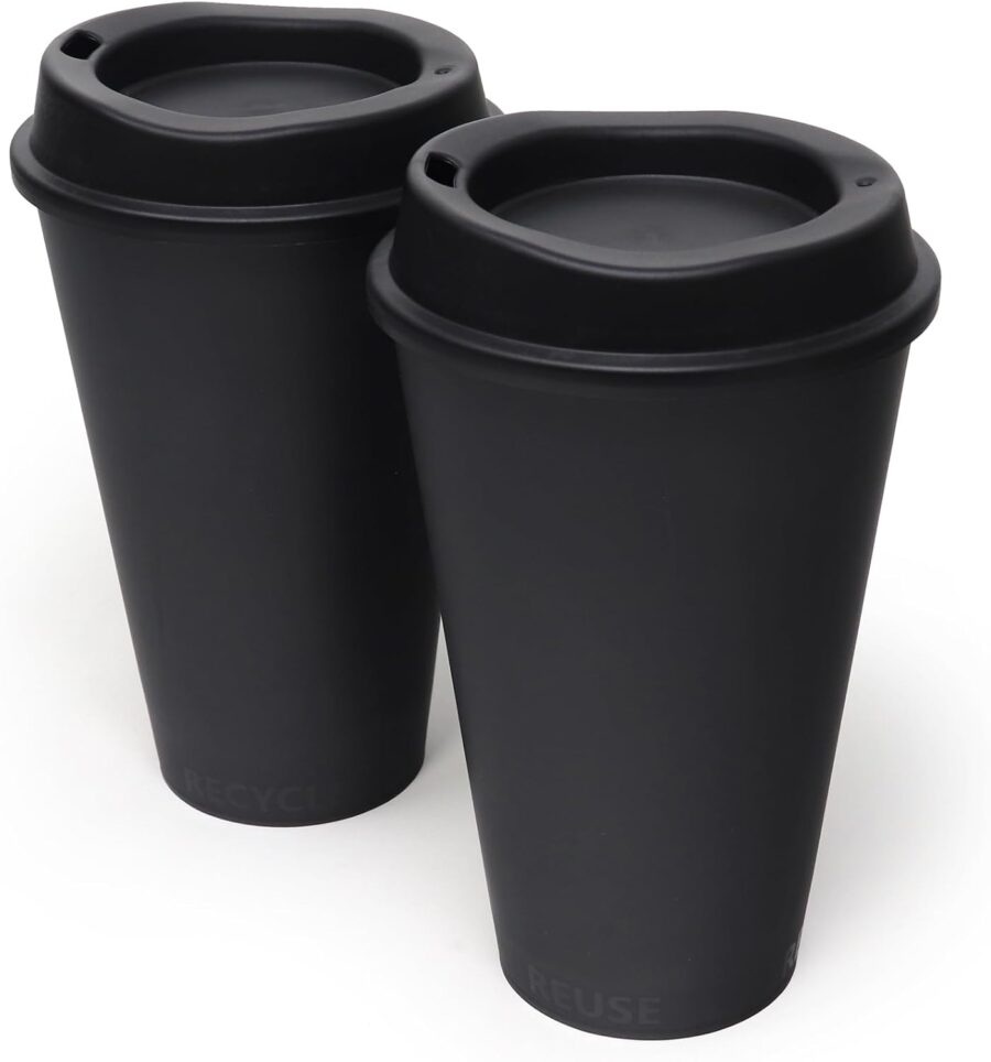 USA Made 16 oz Reusable Coffee Cups with Lids 2 Pk, To Go Travel Cups, Hot or Cold Drinks, Dishwasher and Microwave Safe, Black