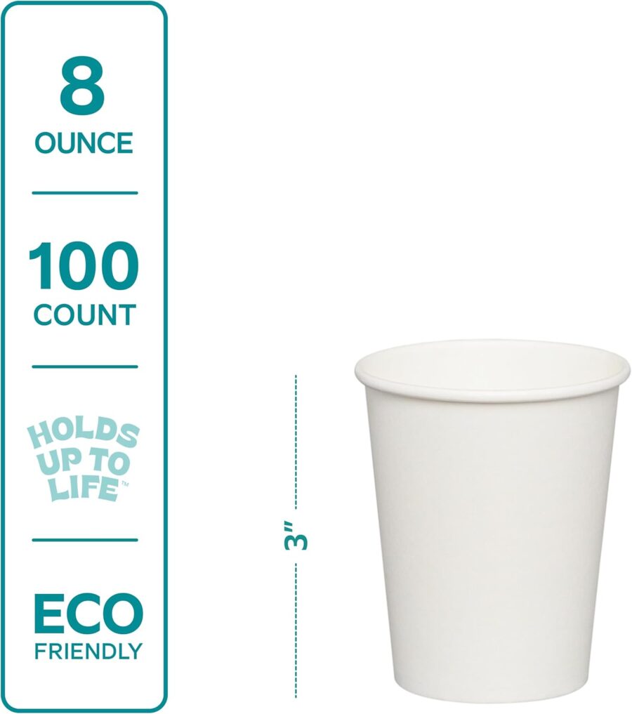 White Paper Cups [8 oz - 100 Count] Disposable Coffee Cup for Hot Drinks – Sturdy & Eco-Friendly – Paper Cups for Tea, Cocoa & More – (Formerly Comfy Package) - Image 2