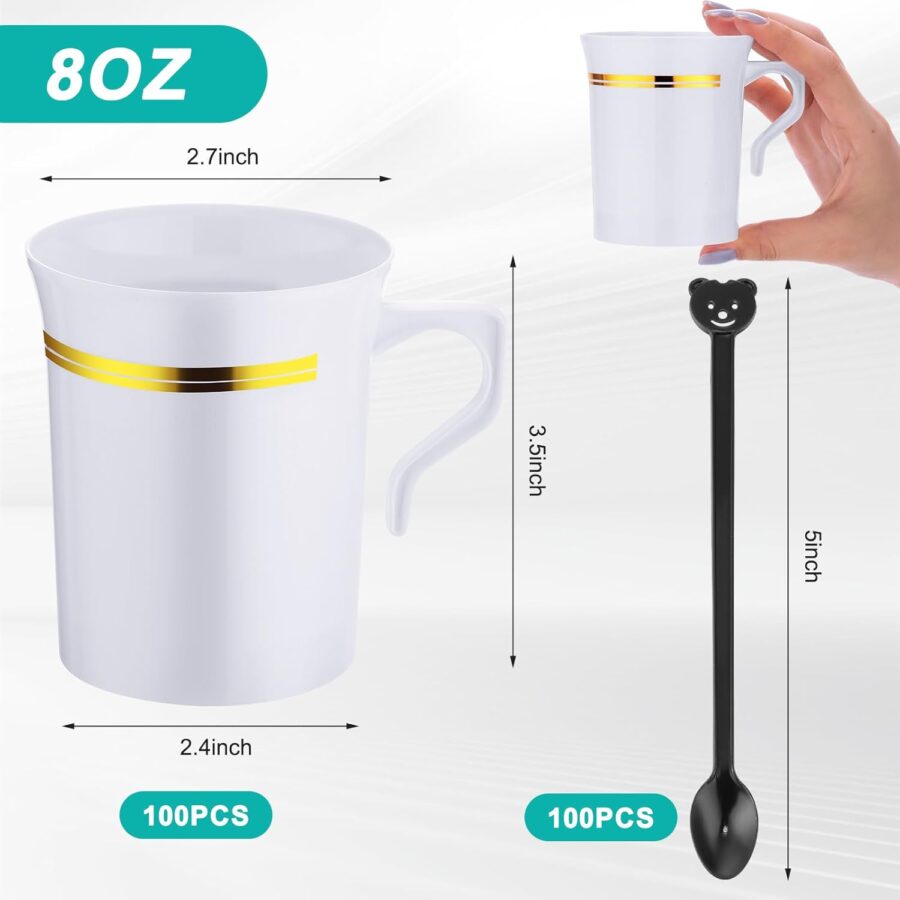 100 Pcs Plastic Coffee Tea Cups Reusable 8 oz White Coffee Mugs Bulk with Handle and Spoon with Gold Rim Espresso Cup for Tea Cafe Milk Dessert Shop - Image 2