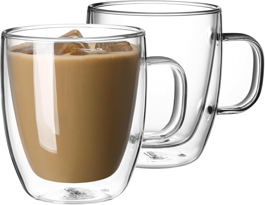Double Wall Glass Coffee Mugs - 12.5 oz Insulated Clear Coffee Mugs Set of 2, Perfect for Espresso, Cappuccino, Latte, Americano, Tea Bag, Beverage