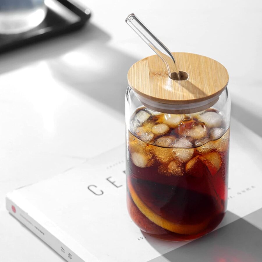 Drinking Glasses with Bamboo Lids and Glass Straw 2PCS Set, 16oz Glass Cups with Lids and Straws, Beer, Iced Coffee Glasses, Soda, Gift 1 Cleaning Brushes - Image 2