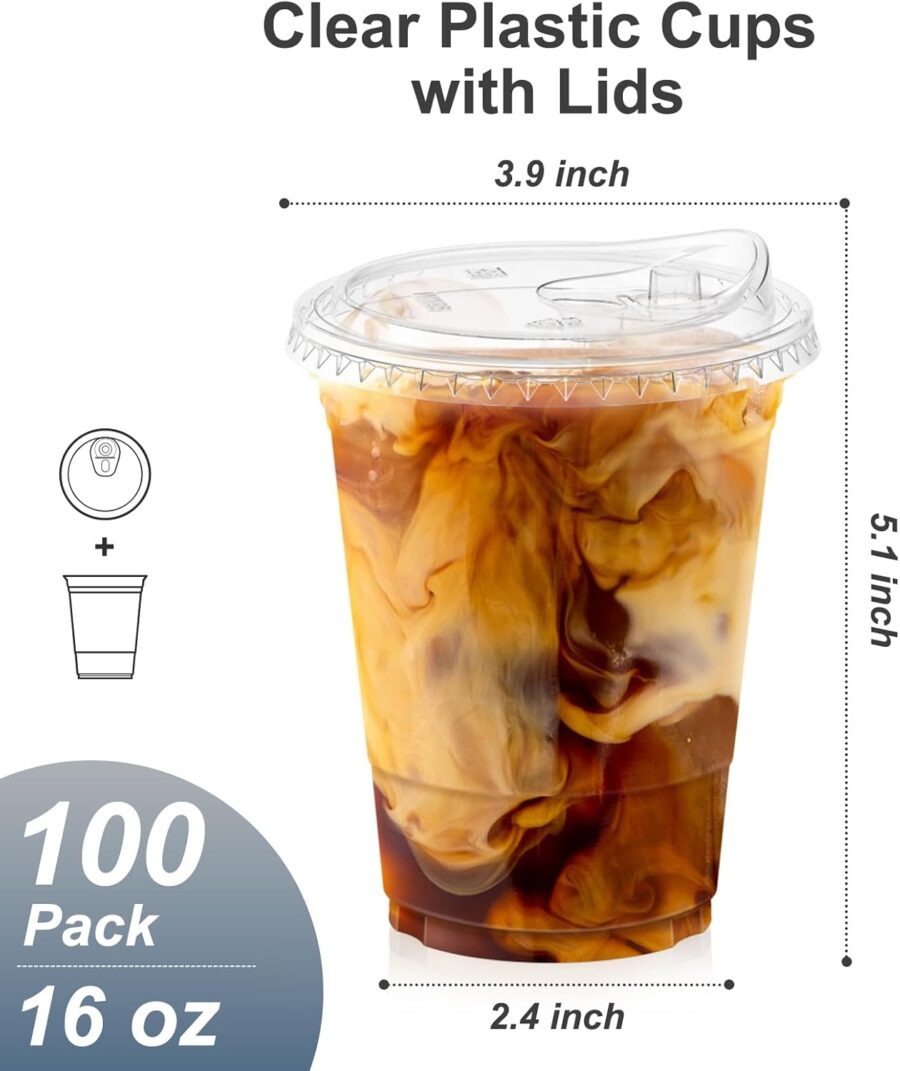 100 Pack - 16 oz Clear Plastic Cups with Lids, Sturdy & Food Safe Iced Coffee Cups with lids, Disposable Plastic Smoothie Cups for Cold Drinks, Sip Lids - Image 2