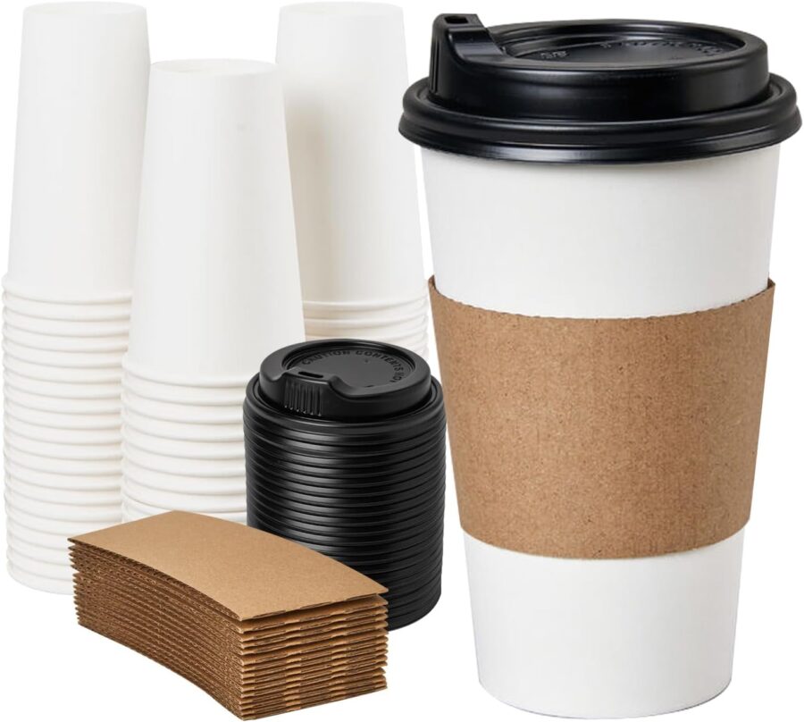Disposable Coffee Cups with Lids 16 oz 50 Pack, Coffee cups with Lids and Sleeves, To Go Coffee Cups, Hot Paper Cups for Hot Beverages in Party, Family, Office, Upgraded