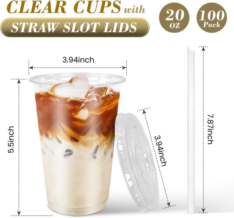 100-Pack 20oz Clear Plastic Iced Coffee Cups with Lids and Straws, Disposable To Go Cups for Smoothies, Milkshake, Cold Beverages - Image 2