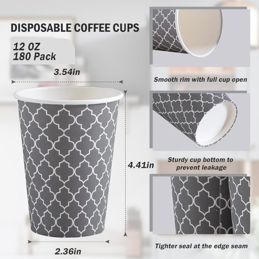 Coffee Cups 12 oz 180 Pack, Disposable Paper Coffee Cups, Disposable Cups,12 oz Hot Cup,12oz Paper Insulated Cup for Cold Hot Drinks (No Lids) - Image 2