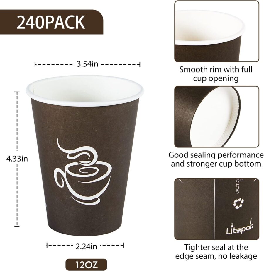 240 Pack 12 oz Paper Cups, Brown Disposable Hot Coffee Cups for Party, Picnic, Travel, and Events - Image 2