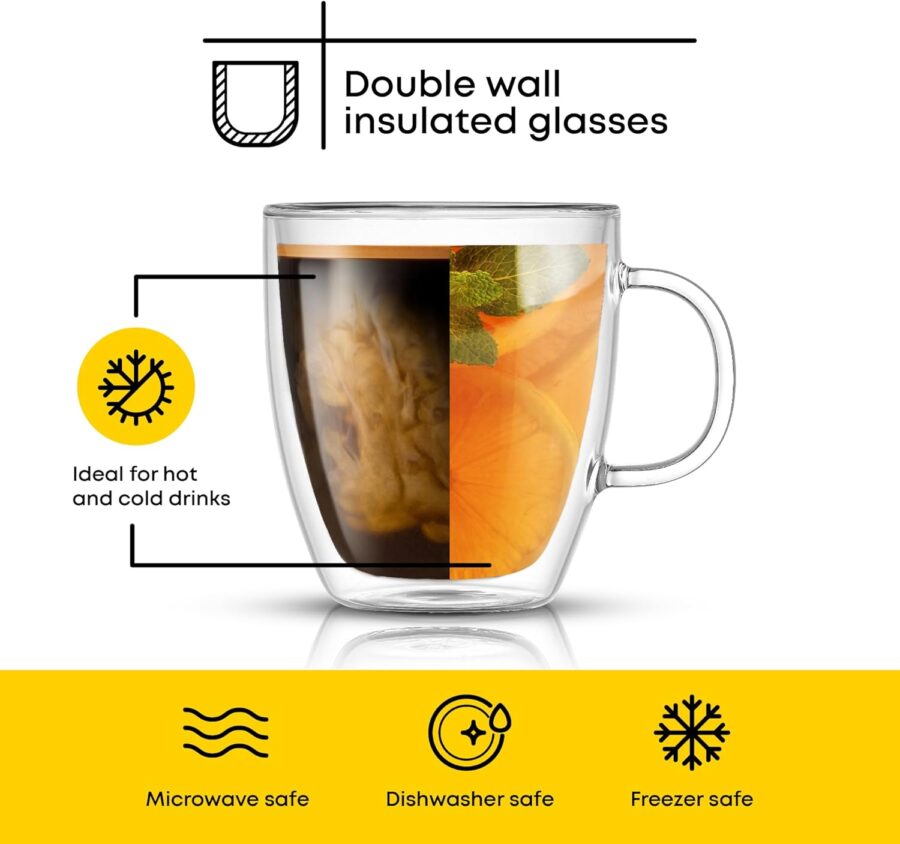 Savor Double Wall Insulated Glasses - Coffee Mugs (Set of 2) - 13.5-Ounces - Image 2