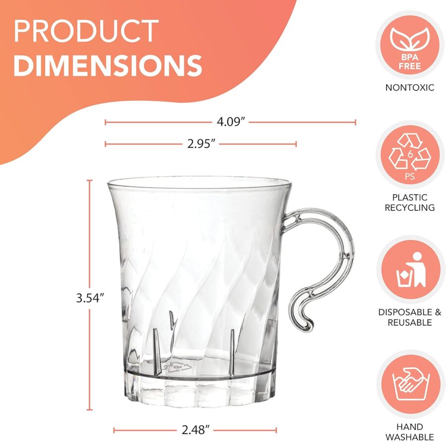 Hard Plastic 8 oz. Swirled Coffee/Tea/ Party Cups With Handle, Clear, 20 Count - Image 2