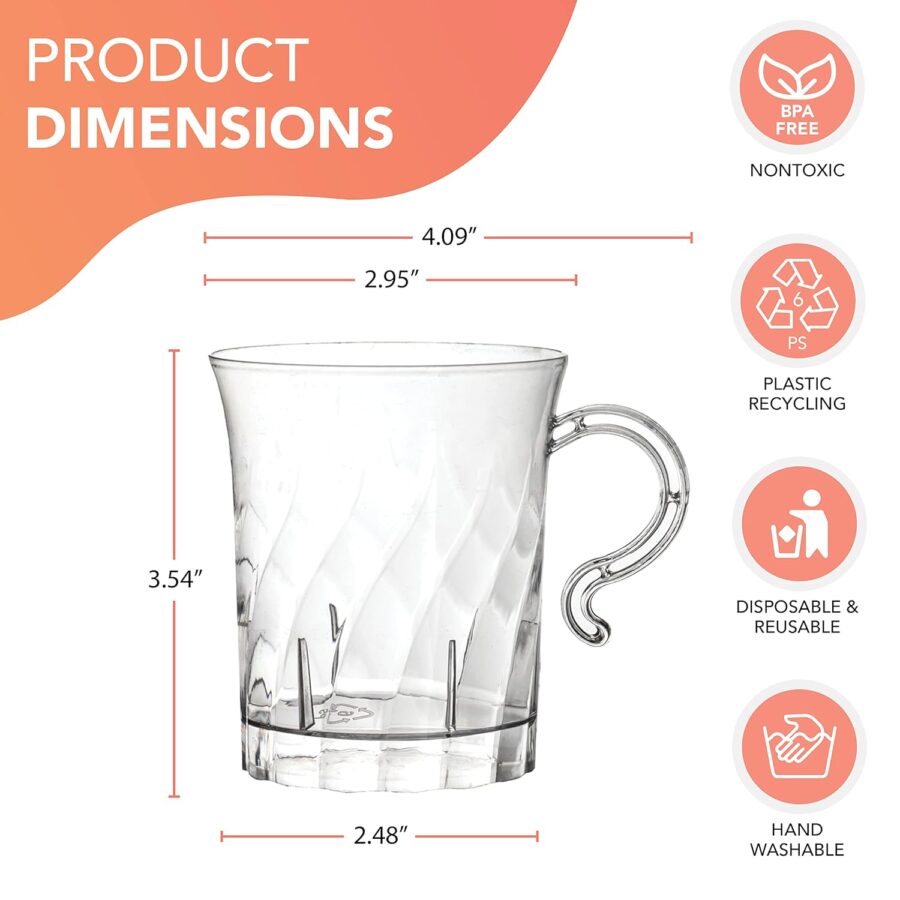 Elegance Plastic Coffee Cup/Tea Mug/Punch Cup w/Handle, 40 Count, 8-Ounce, Clear - Image 2