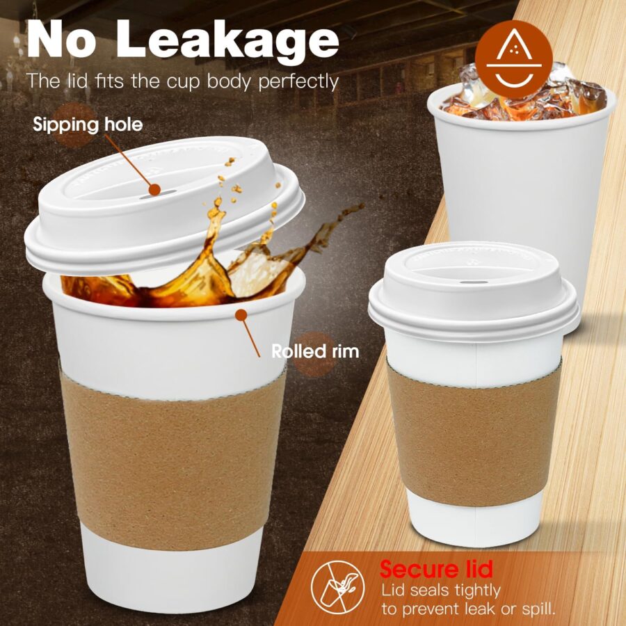 100 Pack 12 oz Leak-Proof Coffee Cups with Lids and Sleeves Disposable To Go Hot Travel Paper Cups, Hot Chocolate, Cocoa, Coffee Bar Supplies - Image 2