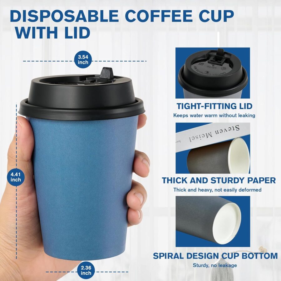 100 Pack 12 oz Disposable Paper Coffee Cups with Lids for Coffee, Water, Juice, or Tea, Blue and Gray Hot Paper Cups for Home, Restaurant, Store, and Cafe - Image 2