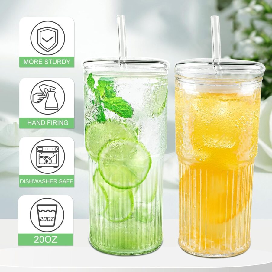 Glass Cups with Lids and Glass Straws, High Borosilicate 20OZ Tumblers (2Pcs) for Coffee, Tea, Juice, Smoothies, Hot/Cold Drinks at Home, Office - Image 2