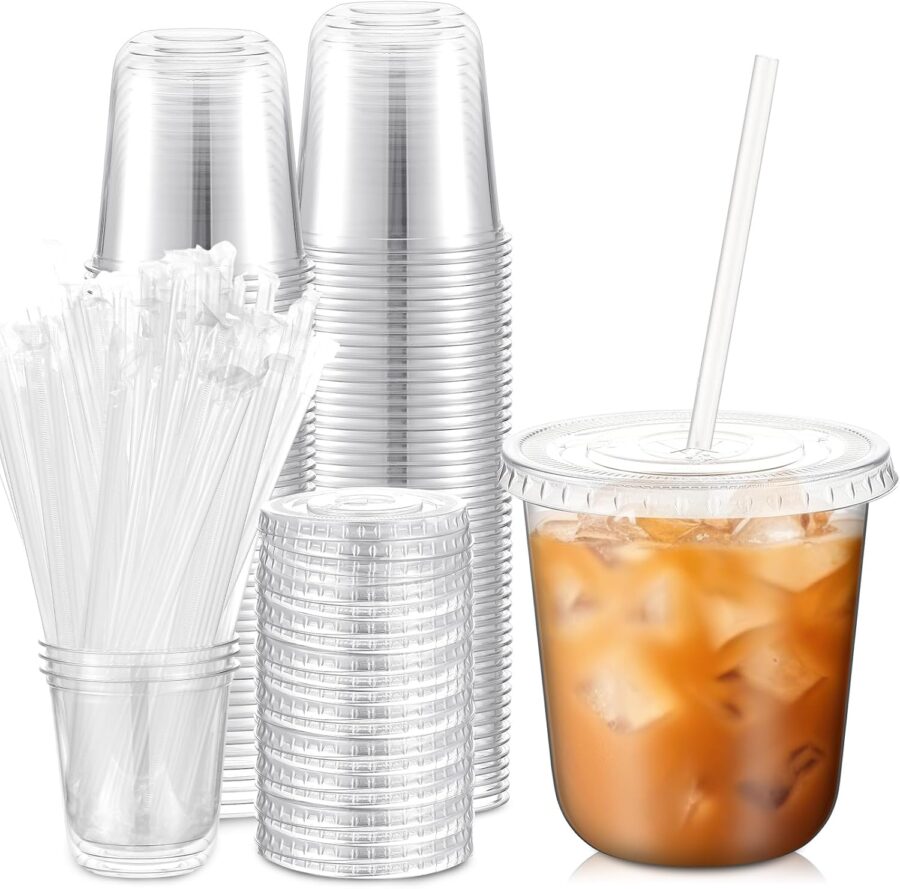 50 Sets Clear Plastic Cups with Lids and Straws, Disposable Iced Coffee Cups Drinking  for Cold Drinks, Juice, Smoothie, Coffee Shops, Party, Christmas(Clear,12 oz)