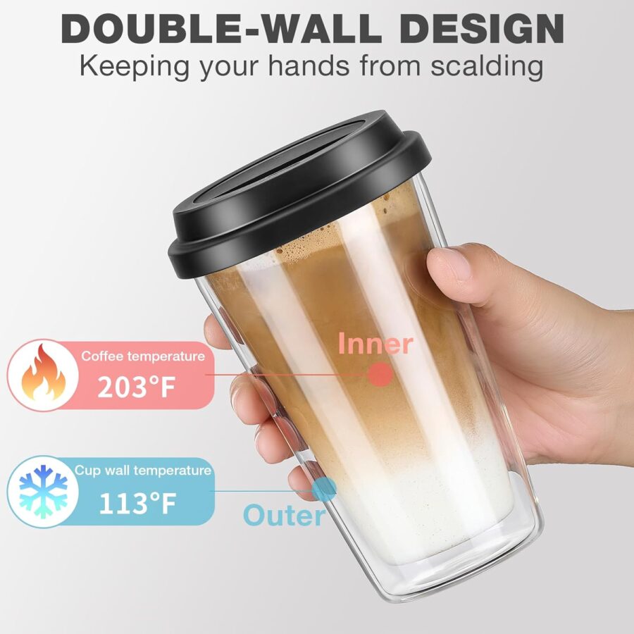 2 Packs Double Walled Glass Coffee Mugs with Silicone Lids, 12 OZ Reusable Glass Coffee Cups, Insulated Coffee Mugs, Cappuccino,Tea,Latte,Iced Coffee Cups, Glass Travel Mug, Heat Resistant - Image 2