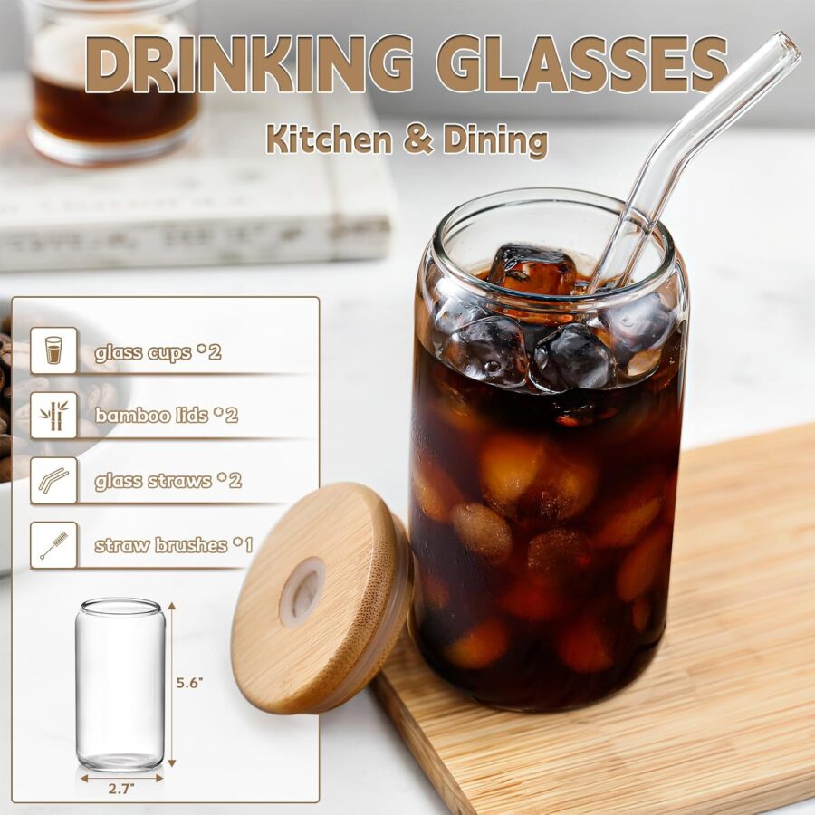Iced Coffee Cups with Lids 2 pcs,16 oz Glass Cups with Lids and Straws as Coffee Bar Accessories,Beer Drinking Glasses,Reusable Glass Tumbler,Cute Coffee Cups for Coffee, Juice, Gifts - Image 2