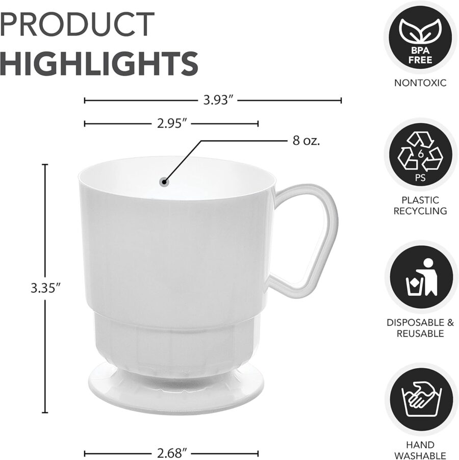 8-Ounce Hard Plastic Coffee Cup/Tea Mug with Handle, 20-Count, Deluxe White - Image 2