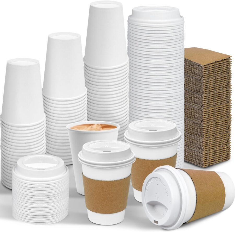 100 Pack 12 oz Leak-Proof Coffee Cups with Lids and Sleeves Disposable To Go Hot Travel Paper Cups, Hot Chocolate, Cocoa, Coffee Bar Supplies