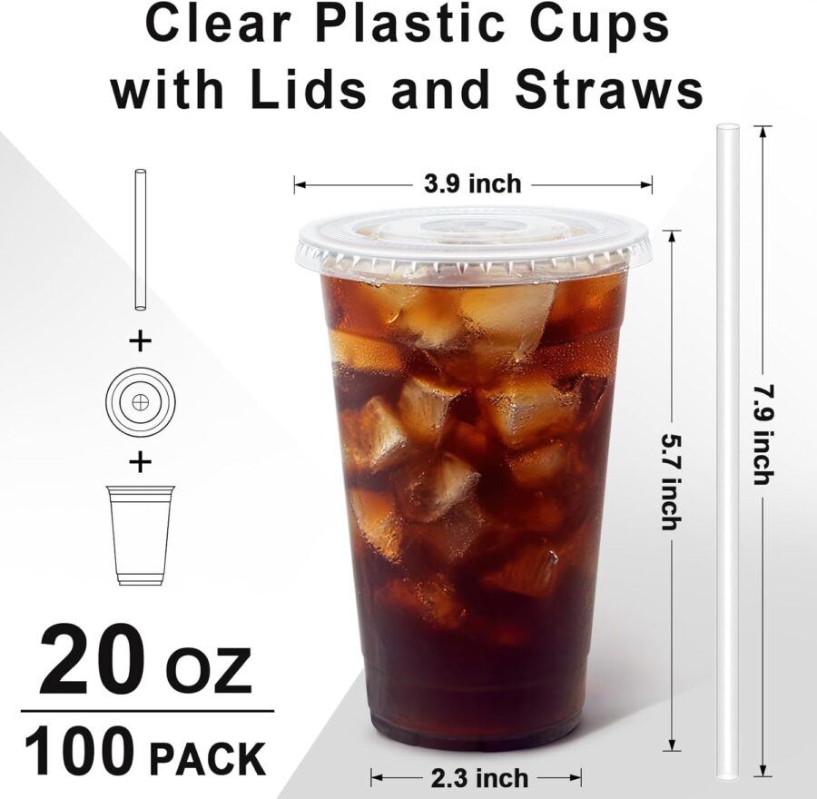 100 Pack 20 oz Plastic Cups with Lids and Straws, Sturdy Food Safe Iced Clear Coffee Cups Disposable Smoothie Cups for Cold Drinks - Image 2