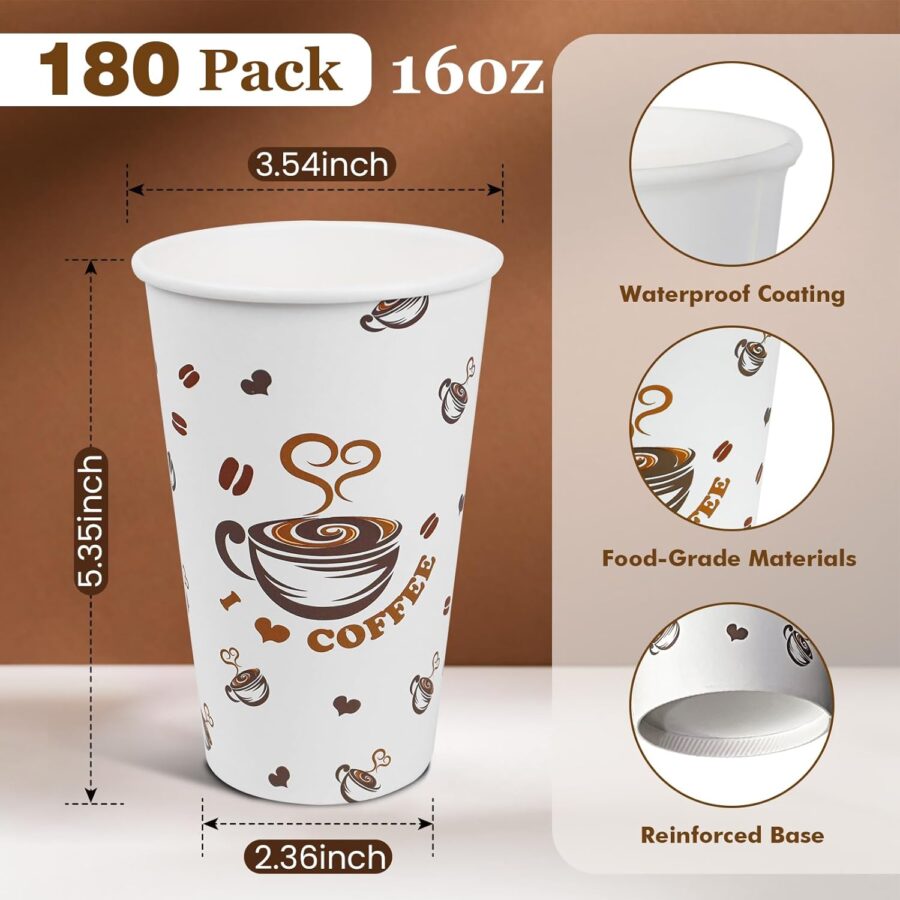 180 Count 16 oz Disposable Coffee Cups | Thickened Leak-Proof Paper Cups | Perfect for Hot Beverages, Coffee Bars, Parties, Cafes, Office and Daily Use - Image 2