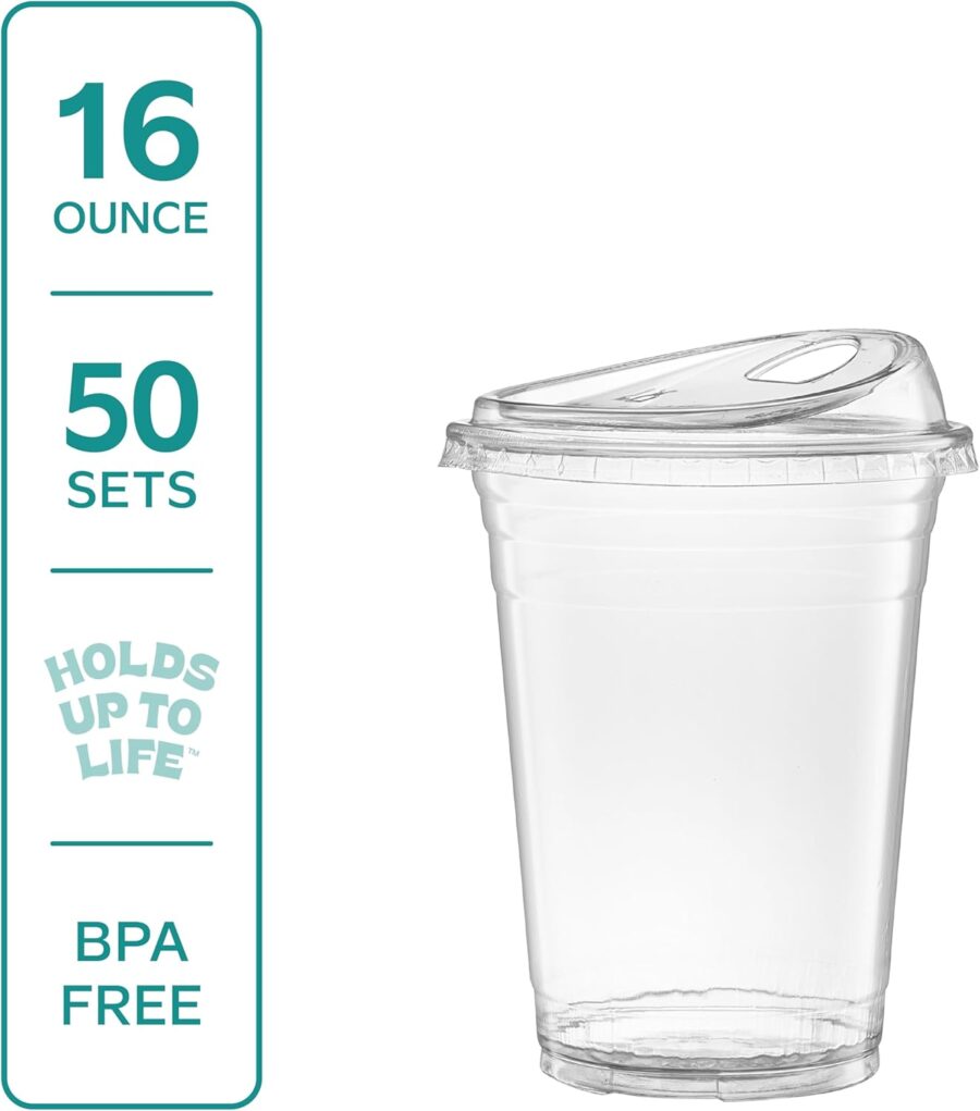 Clear Plastic Cups with Lids [16 oz - 50 Count] - Disposable Iced Coffee Drink Cups with Strawless Sip Lids for Smoothies, Juices, and More - Formerly Comfy Package - Image 2