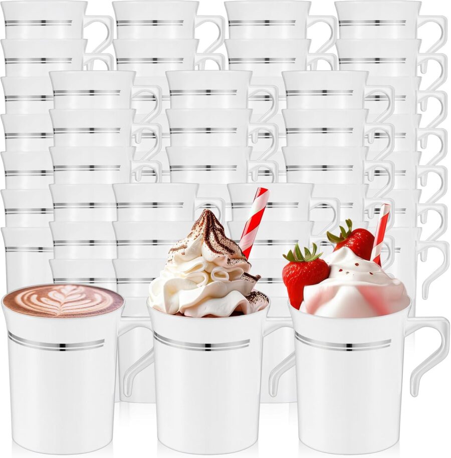 48 Pcs Plastic Coffee Cups with Rim 8 oz Disposable Coffee Mugs with Handle Disposable Tea Cups Espresso Beverage Plastic Mugs for Wedding (White,Silver)