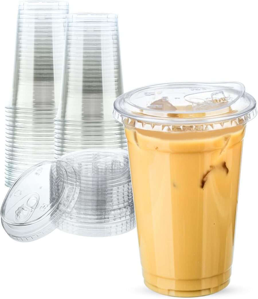 20 oz Clear Plastic Cups with Sip-Lids, 25 Sets Disposable Plastic Iced Coffee Cups with Strawless Lids, To Go Cup for Smoothie, Milkshake, Cold Drinks