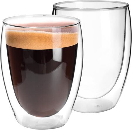 11oz Glass Coffee Mugs Set of 2, Double Wall Insulated Coffee Cups, Clear Drinking Glasses for Tea,Coffee,Latte,Milk,Juice
