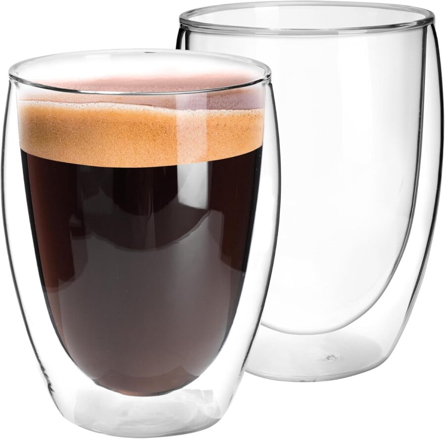 11oz Glass Coffee Mugs Set of 2, Double Wall Insulated Coffee Cups, Clear Drinking Glasses for Tea,Coffee,Latte,Milk,Juice