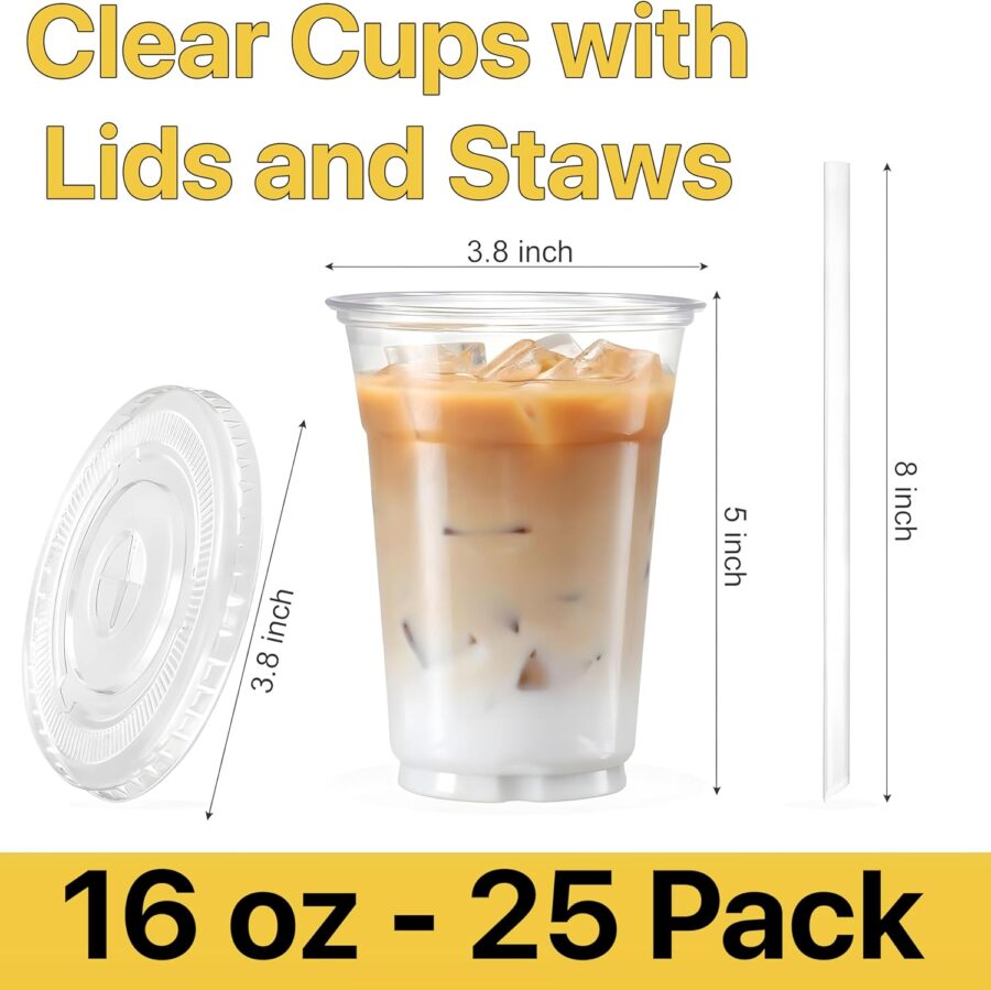 Plastic Clear Cups 16 oz with Lids and Straws 25 Set Disposable Cold Beverage Drinking Iced Coffee Water Juice Tea Party Travel Cafe Restaurant School Office Home Kitchen (25 Set, 16 oz) - Image 2