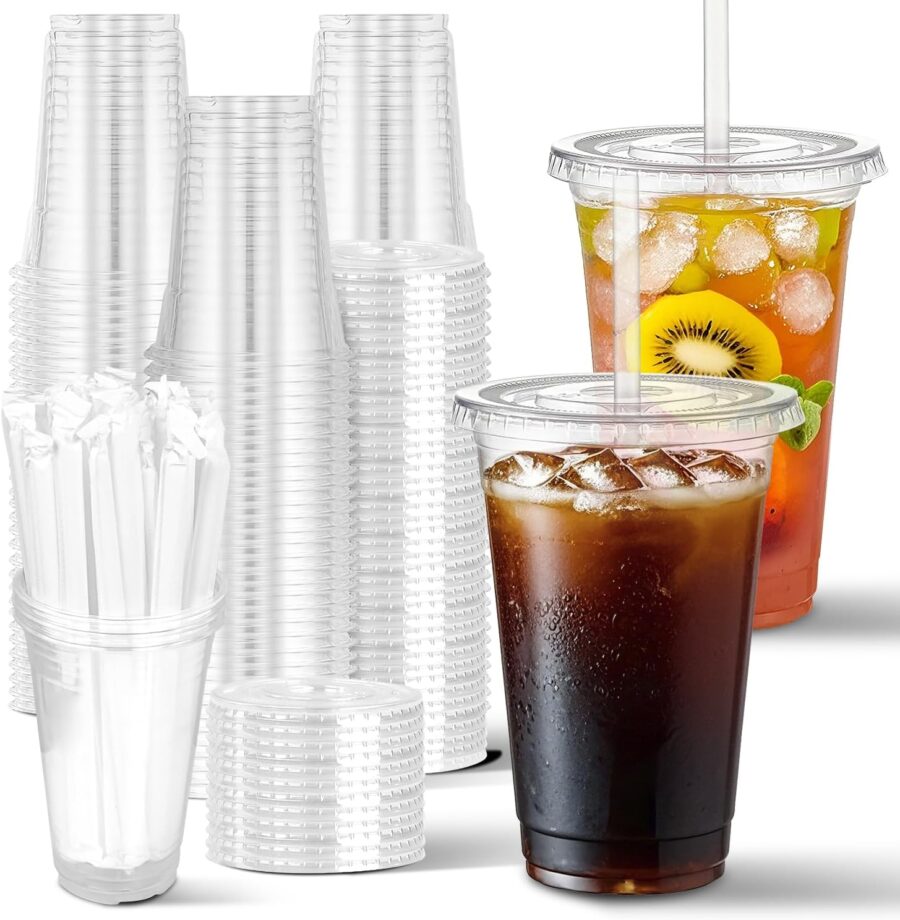 100 Sets- 20 oz Clear Plastic Cups with Lids and Straws, Disposable To Go Cups for Cold Drinks, Iced Coffee, Milkshakes, Smoothies