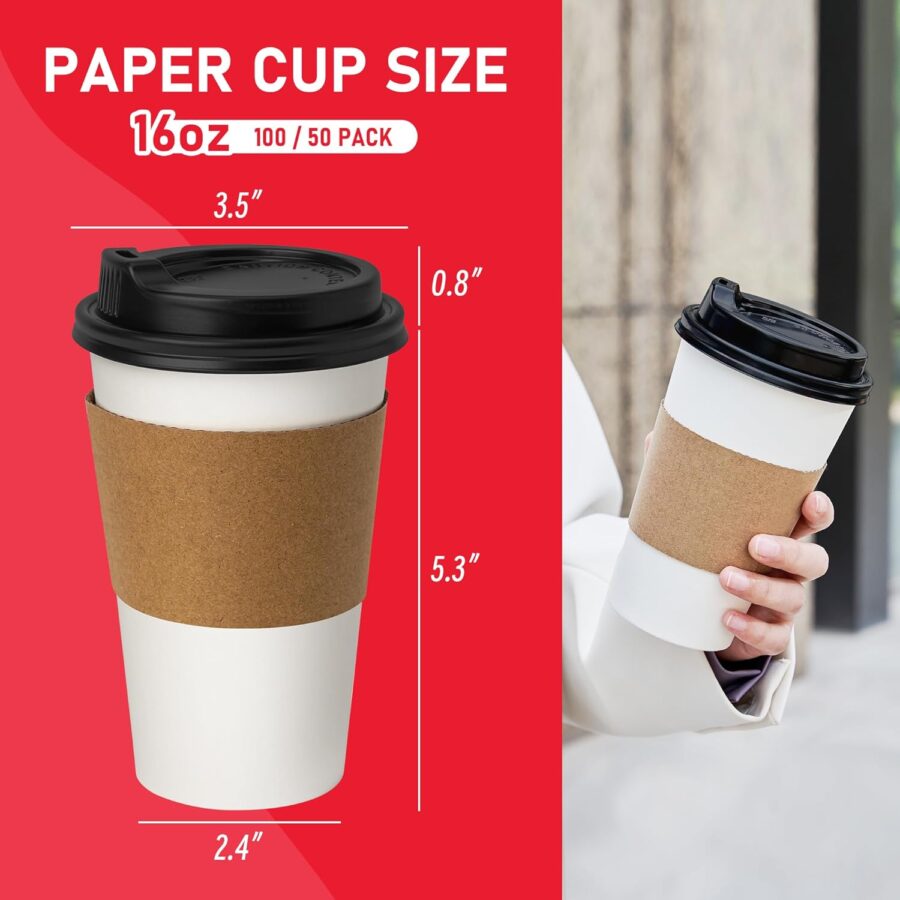 16 oz 100 Pack Coffee Cups with Lids and Sleeves, Hot Paper Coffee Cups with Lids, Disposable To Go Cups with Lid for Coffee, Tea, Hot Chocolate, Ideal for Cafes, Offices and Travel - Image 2