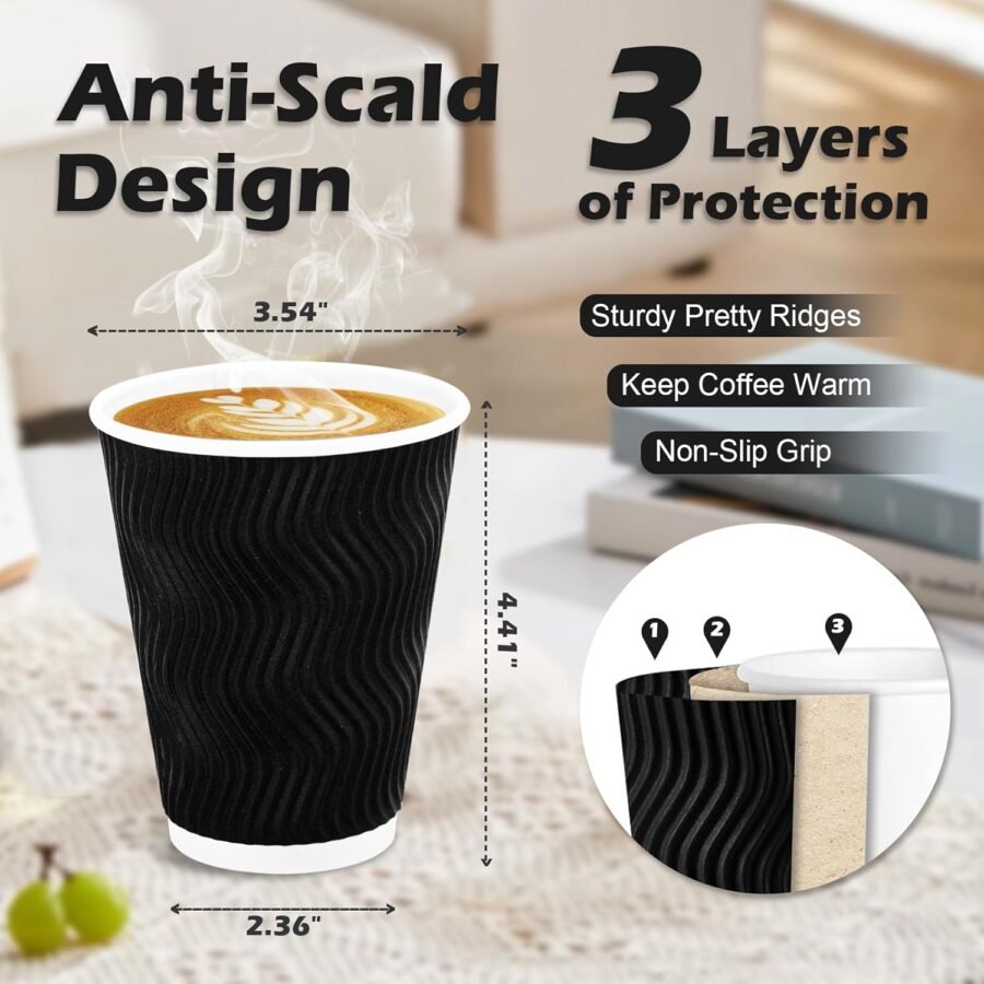 Coffee Cups 12 oz 50 Pack, Black Disposable Coffee Cups, Corrugated Paper Cup 12 oz, Ripple Wall Insulated Water Cup Without Lids for Hot Beverage (Black, 50 Pack, 12 OZ) - Image 2