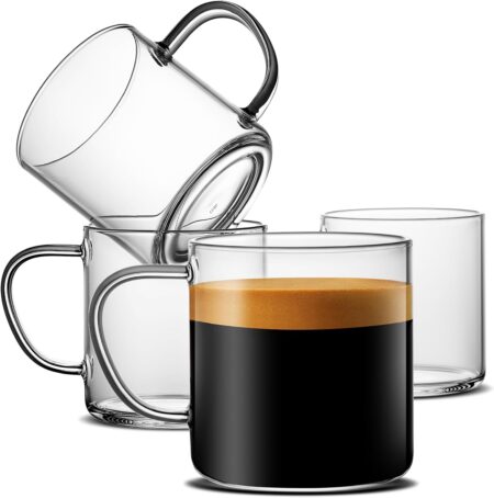 Glass Coffee Mugs Set of 4,14 oz Clear Coffee Cups,Hand Blown&Seamless Design,Heat Resistant and Explosion-Proof,Lightweight Tea Mugs with Anti Scald Handle Ideal for Home,Cafe