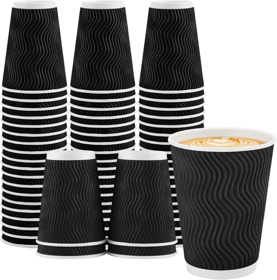 Coffee Cups 12 oz 50 Pack, Black Disposable Coffee Cups, Corrugated Paper Cup 12 oz, Ripple Wall Insulated Water Cup Without Lids for Hot Beverage (Black, 50 Pack, 12 OZ)
