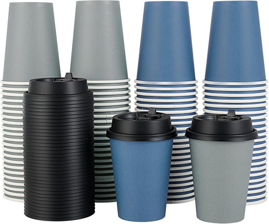 100 Pack 12 oz Disposable Paper Coffee Cups with Lids for Coffee, Water, Juice, or Tea, Blue and Gray Hot Paper Cups for Home, Restaurant, Store, and Cafe