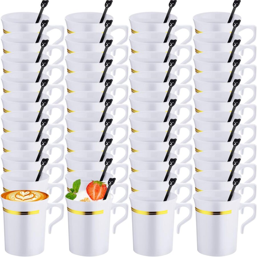 100 Pcs Plastic Coffee Tea Cups Reusable 8 oz White Coffee Mugs Bulk with Handle and Spoon with Gold Rim Espresso Cup for Tea Cafe Milk Dessert Shop
