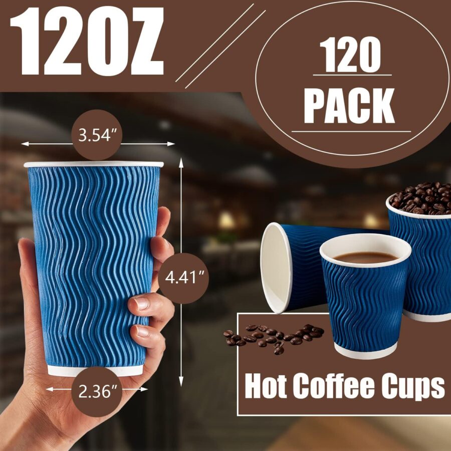 Coffee Cups 12 oz - 120 Pack, 12 oz Disposable Paper Coffee Cups Insulated, Corrugated Kraft Ripple Wall Cup for Hot Beverage or Cold Drinks (Navy) - Image 2
