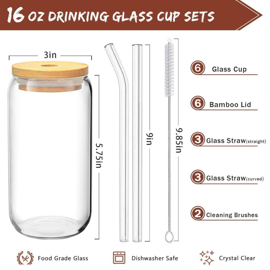 16 Oz Drinking Glasses with Bamboo Lids and Glass Straw - 6 Pcs Glass Cups Beer Ice Coffee Glasses Cute Aesthetic Cup Great for Coffee Bar Accessories Include 2 Cleaning Brushes - Image 2